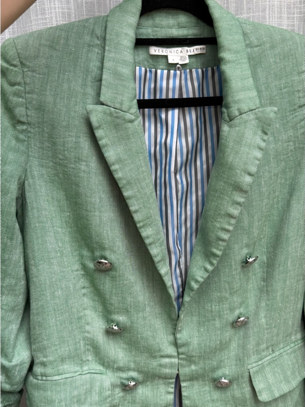 Veronica Beard Green Blazer with Blue & Gray Striped Lining